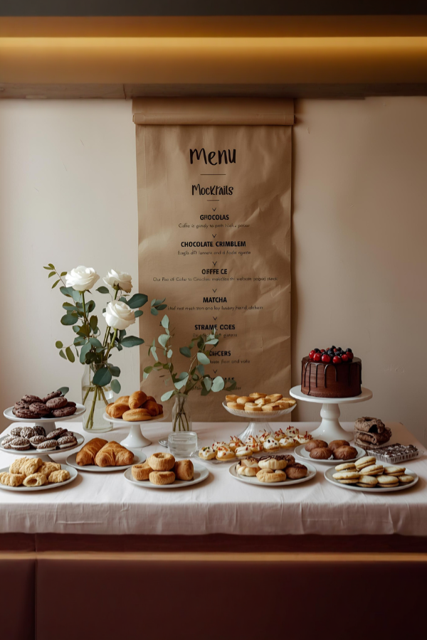 A cozy café-themed dessert table with a pink backdrop menu and an assortment of pastries, cookies, sandwiches, fruit cups, and a decorated chocolate cake, styled with flowers and warm natural lighting.