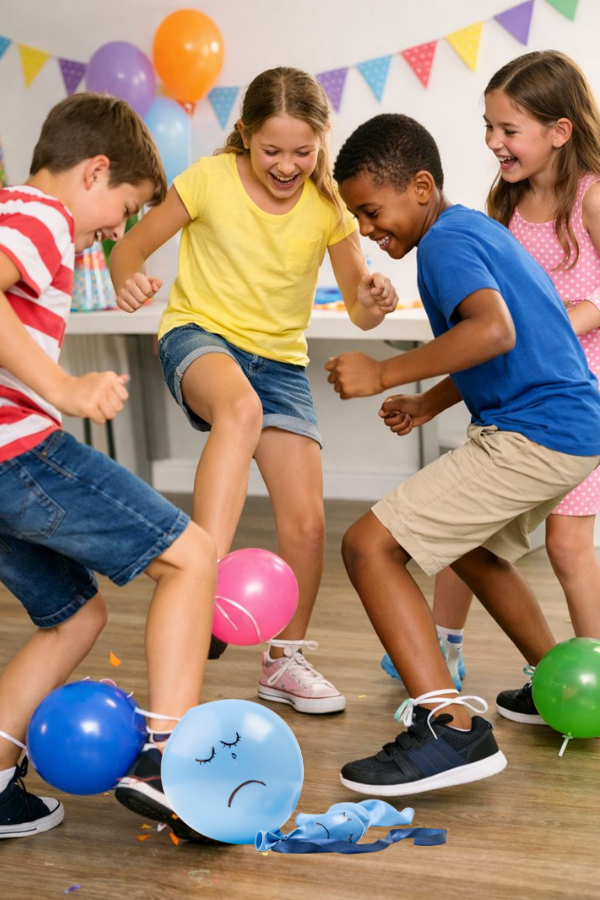 Kids playing balloon pop challenge at an indoor birthday party with balloons tied to their ankles