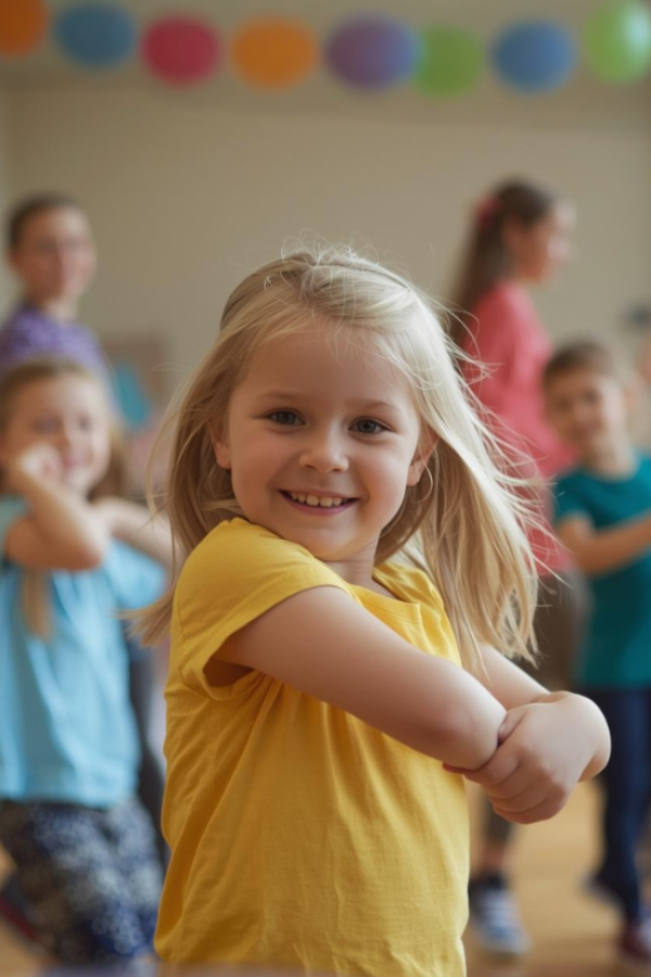 Smiling child dancing in a school gym during a fun group activity