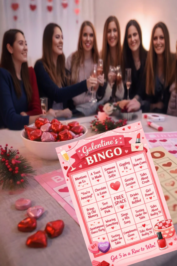 Galentine’s Bingo game card with pink and red hearts, featuring fun prompts like “Mentions an Ex,” “Someone Takes a Selfie,” “Gossip Session,” and a free space in the center for a girls’ night celebration.
