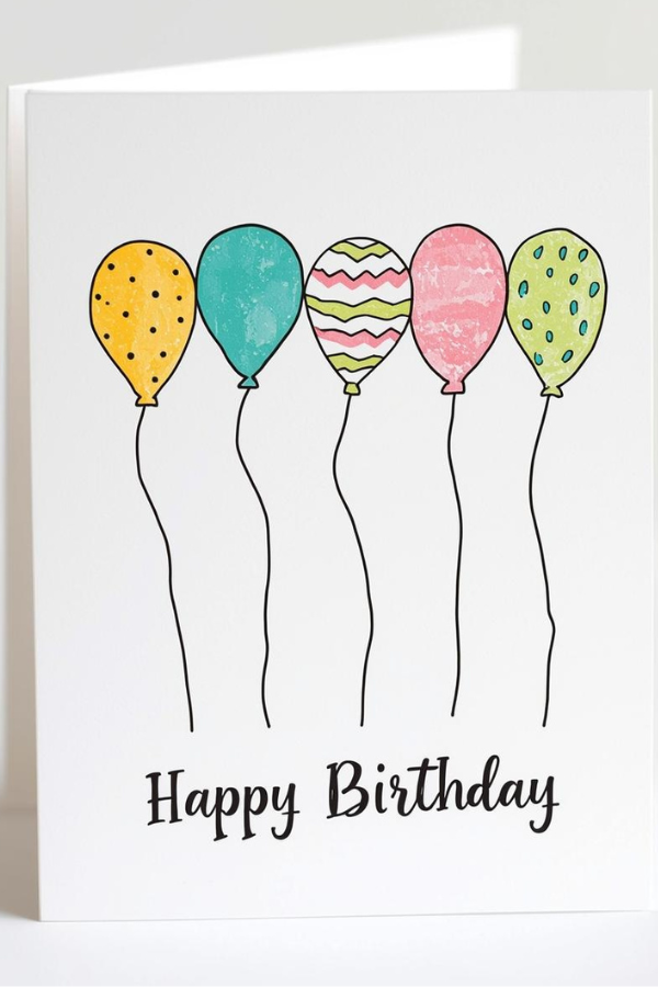 Hand-drawn birthday card with pastel patterned balloons and curly strings above a handwritten “Happy Birthday” message.