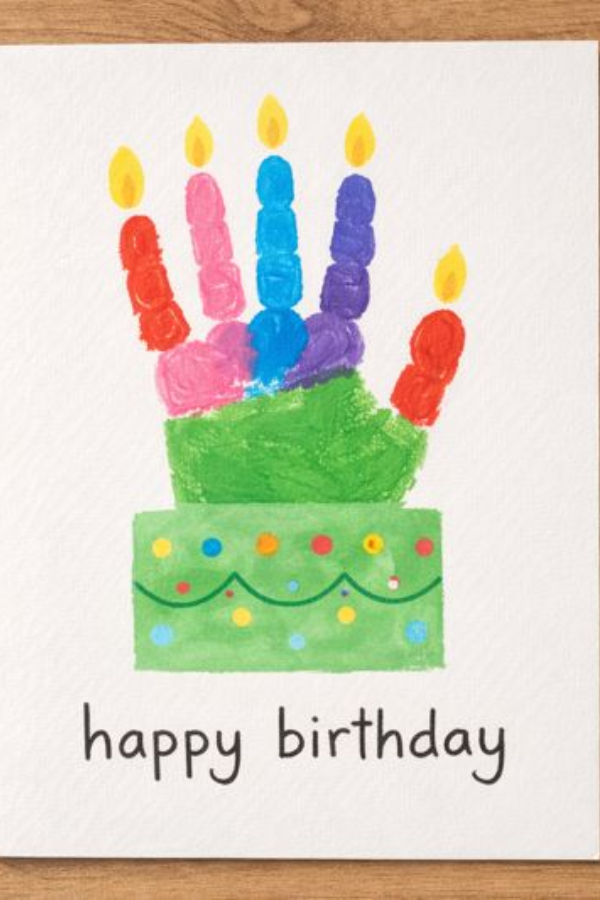 Handprint birthday card with colorful painted fingers as candles and yellow flames on white cardstock.