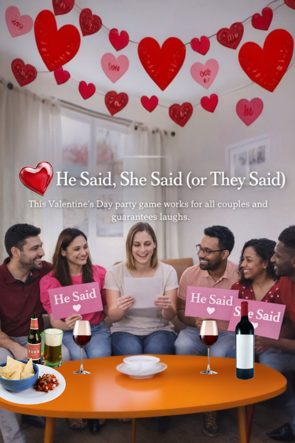 Valentine’s Day couples playing “He Said, She Said” party game in a living room.