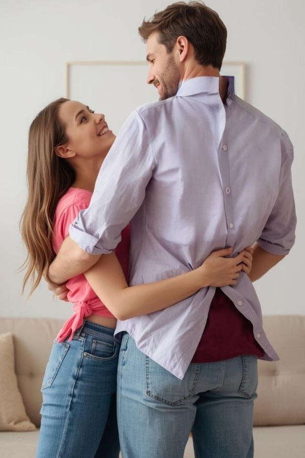 Couple playing balloon burst game indoors, standing back to back and laughing in a living room.