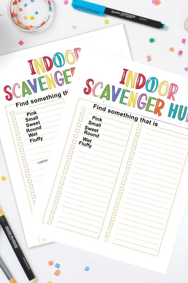 Colorful indoor scavenger hunt printable worksheets with checklists and craft supplies.
