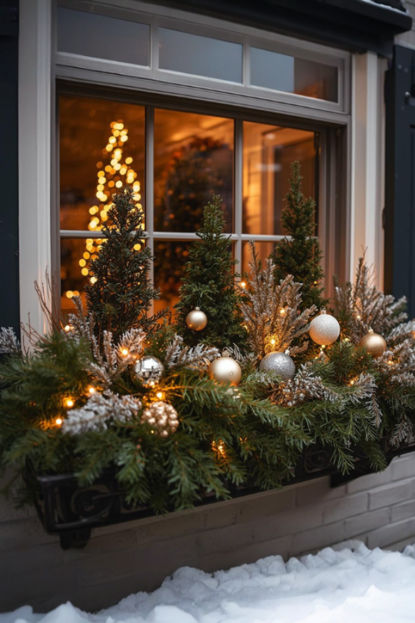Winter window box decorated with evergreen foliage, fairy lights, and festive ornaments viewed from indoors