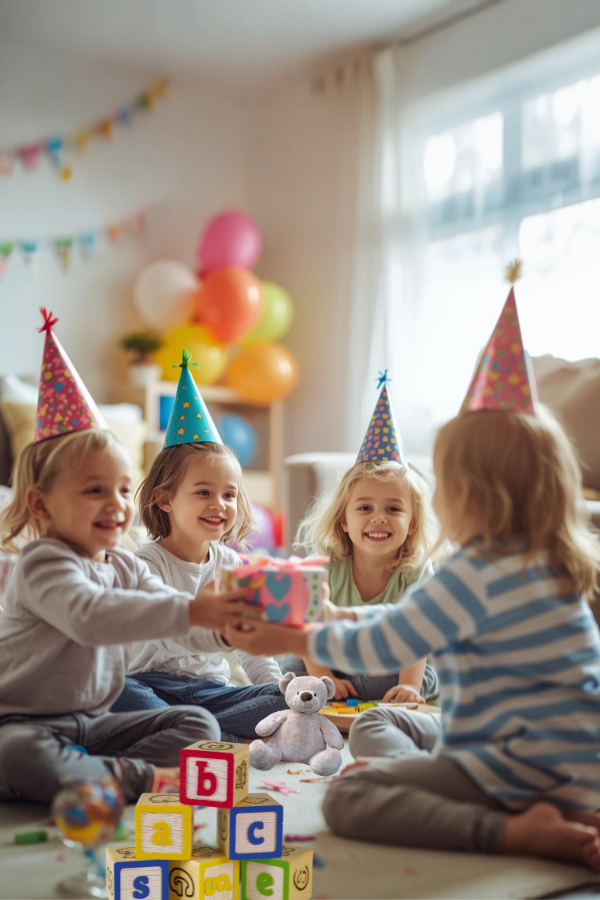 Children exchanging a birthday gift at a colorful indoor party with balloons and party hats.