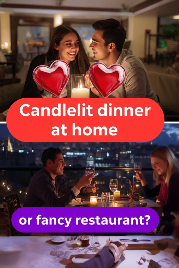 Romantic couple enjoying candlelit dinner at home versus fancy restaurant date night