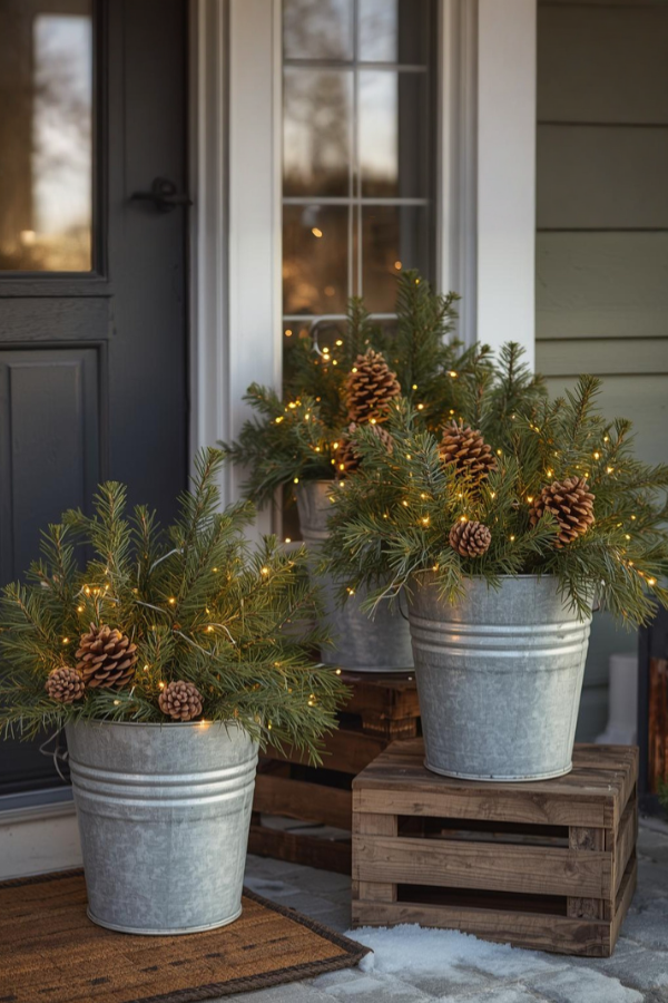 Rustic winter porch decor with pinecone arrangements in galvanized buckets and warm string lights