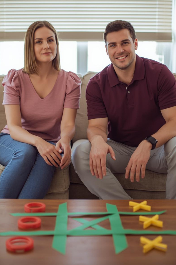 Couple playing a Valentine’s Day tic tac toe game