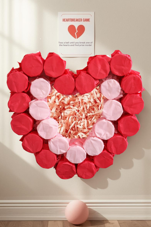 Heart-shaped Heartbreaker party game made with red and white tissue-covered cups, where players toss a ball to break hearts and reveal prizes at a Galentine’s Day celebration.