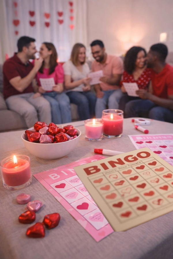 Couples playing Valentine’s Day bingo at a party