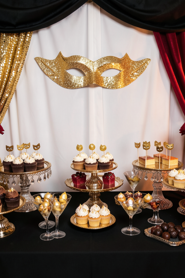 Gold and red masquerade dessert table with cupcakes, strawberries and glitter mask backdrop.