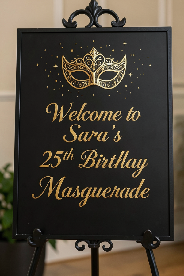 Black and gold masquerade birthday welcome sign on an easel with ornate mask design.