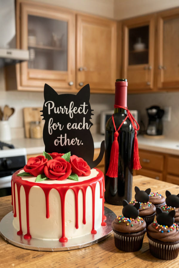 Cat-themed celebration display with a decorated cake reading “Purrfect for each other,” cupcakes, and a wine bottle on a wooden table.