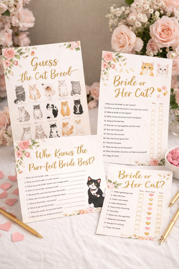 Elegant cat-themed bridal shower games with printable cards, soft florals, and gold pens displayed on a table.