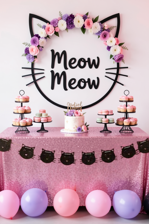 Pink cat-themed dessert table with “Meow Meow” backdrop, floral accents, cupcakes, cake, and balloons.