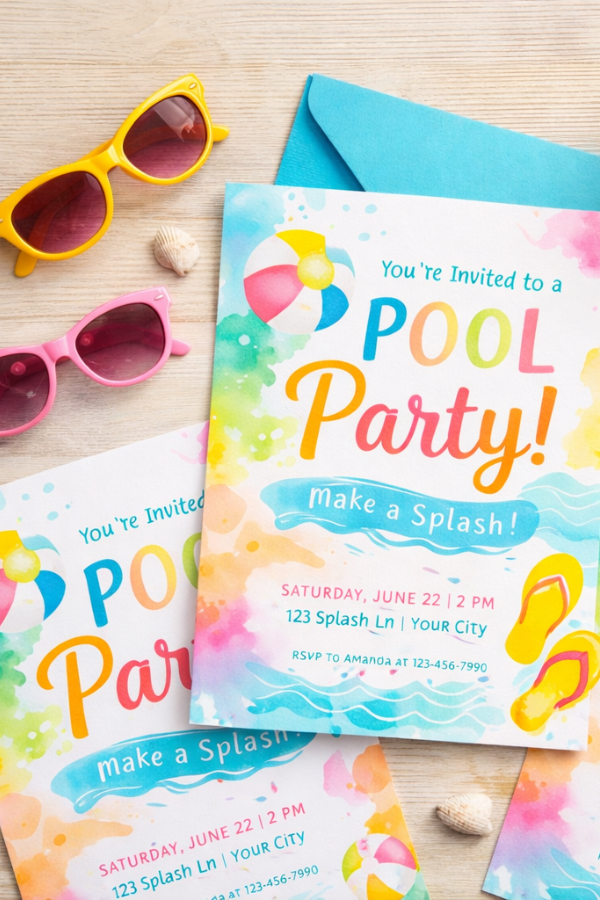 Flat-lay of colorful tropical pool party invitations with beach-themed illustrations, envelopes, and small decorative props on a light wooden table.