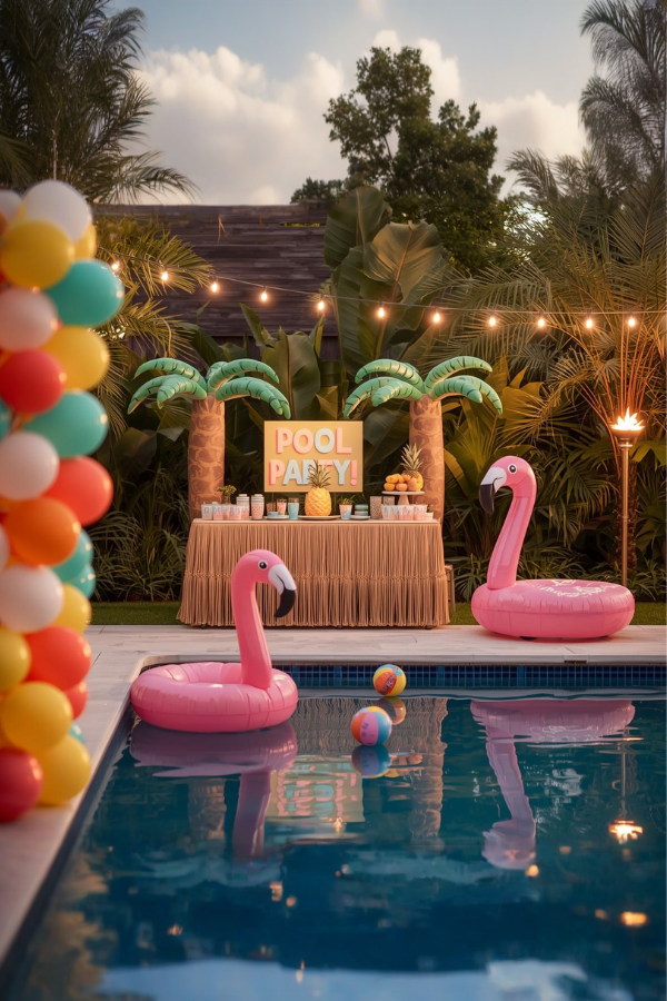 Colorful tropical pool party setup with a balloon arch, tiki snack table, string lights, and a pink flamingo float in a backyard swimming pool at dusk.