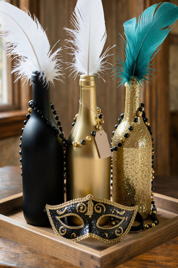 Mardi Gras centerpiece with decorated bottles, feathers, beads, and a black and gold mask on a tray.