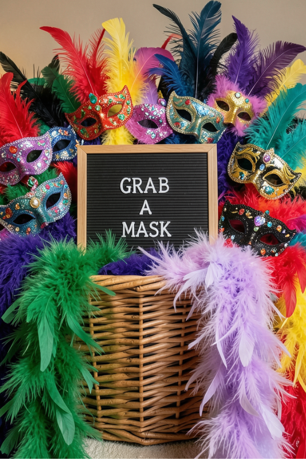 Mardi Gras mask station with colorful feathered masks and “Grab a Mask” sign in woven basket.