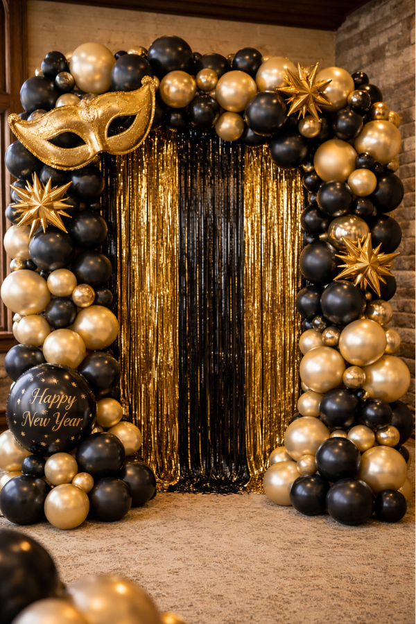 Black and gold New Year’s balloon backdrop with fringe curtain and star accents.