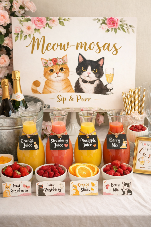 Cat-themed “Meow-mosas” bridal shower drink bar with champagne, fruit juices, fresh garnishes, and cute cat signage.