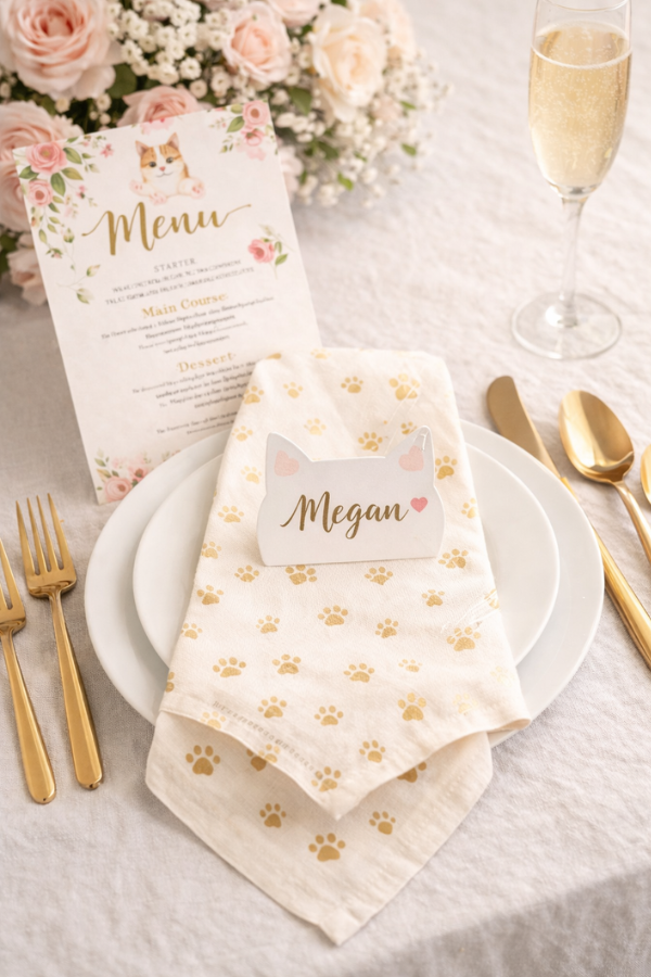 Elegant cat-themed bridal shower table setting with paw-print napkin, cat-shaped place card, gold flatware, and floral menu.