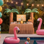 Colorful tropical pool party setup with a balloon arch, tiki snack table, string lights, and a pink flamingo float in a backyard swimming pool at dusk.