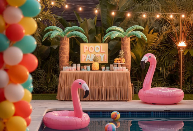 Colorful tropical pool party setup with a balloon arch, tiki snack table, string lights, and a pink flamingo float in a backyard swimming pool at dusk.