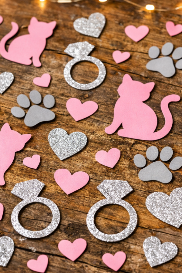 Cat-themed confetti with pink cat silhouettes, paw prints, hearts, and silver ring shapes scattered on a wooden surface.