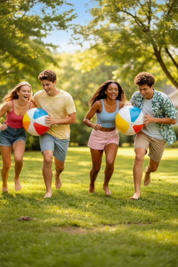 Four teens run barefoot in a backyard, holding beach balls in a relay race.