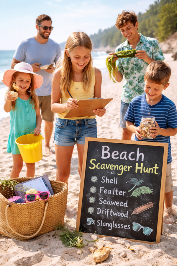 Kids and adults enjoying a beach scavenger hunt, collecting shells and seaweed on a sunny shore.