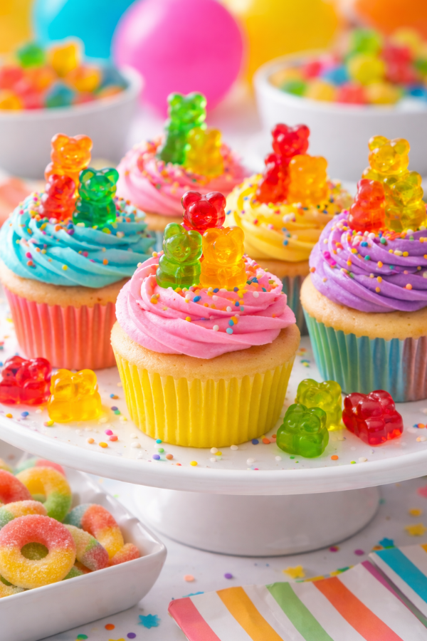 Colorful cupcakes topped with gummy bears and rainbow sprinkles on a party dessert stand.