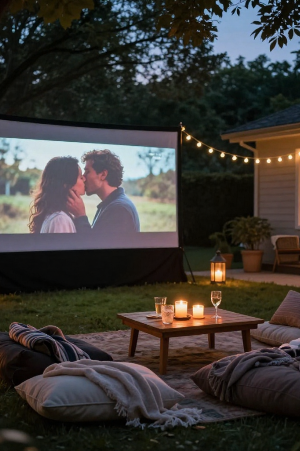 Cozy backyard movie night with cushions, candles, and a large outdoor screen showing a romantic scene.