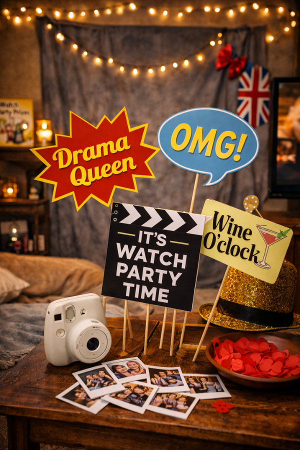 Watch party photo booth setup with fun props and backdrop