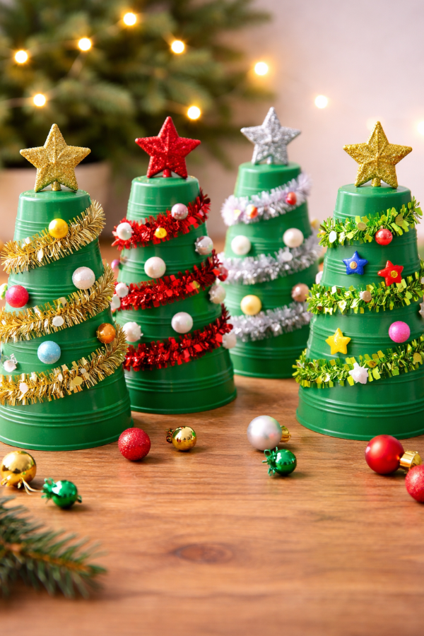 Plastic cup Christmas tree crafts decorated with tinsel, stars, and colorful ornaments.