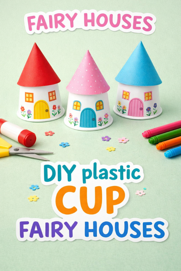 Colorful DIY plastic cup fairy houses with paper roofs and craft supplies on a soft green background.