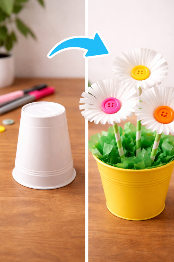 Plastic cup flower craft made from a white disposable cup with colorful button centers and straw stems.