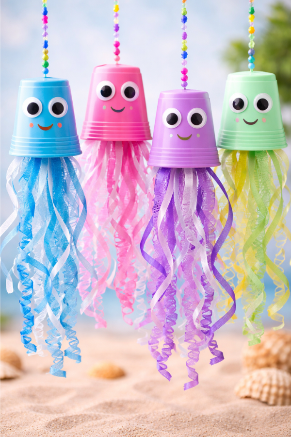 Plastic cup jellyfish craft with simple faces and hanging tissue paper tails.