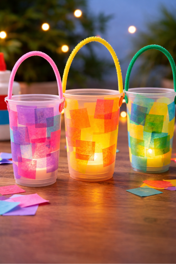 Colorful plastic cup lantern craft with tissue paper and glowing battery tea lights.