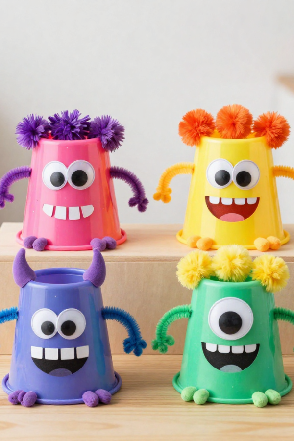 Plastic cup monster crafts with googly eyes, silly faces, and colorful decorations.