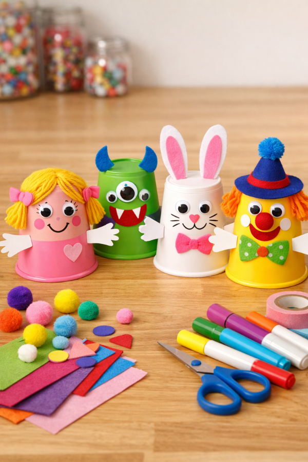 Plastic cup puppet crafts decorated as colorful characters for kids.