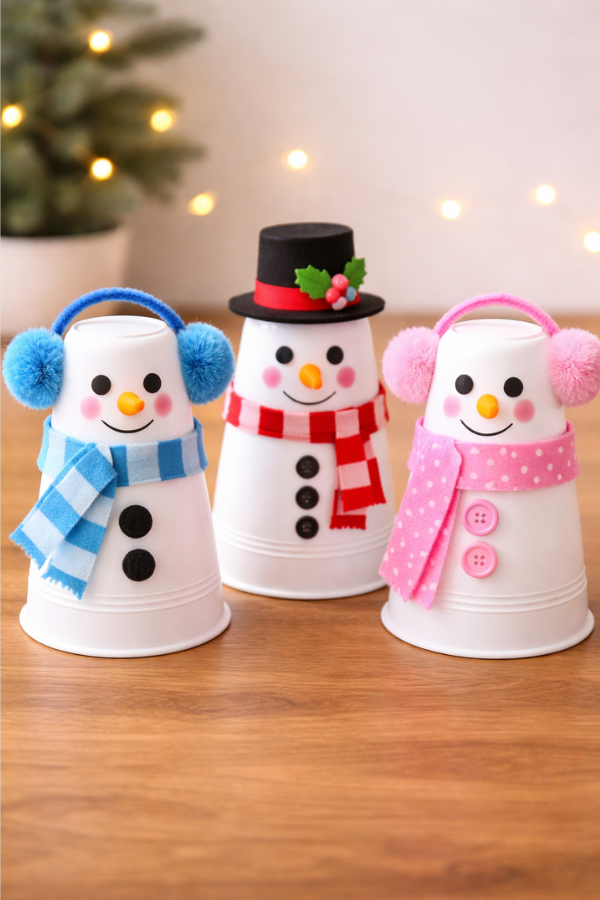 Plastic cup snowman craft with scarves, earmuffs, and cute winter decorations.