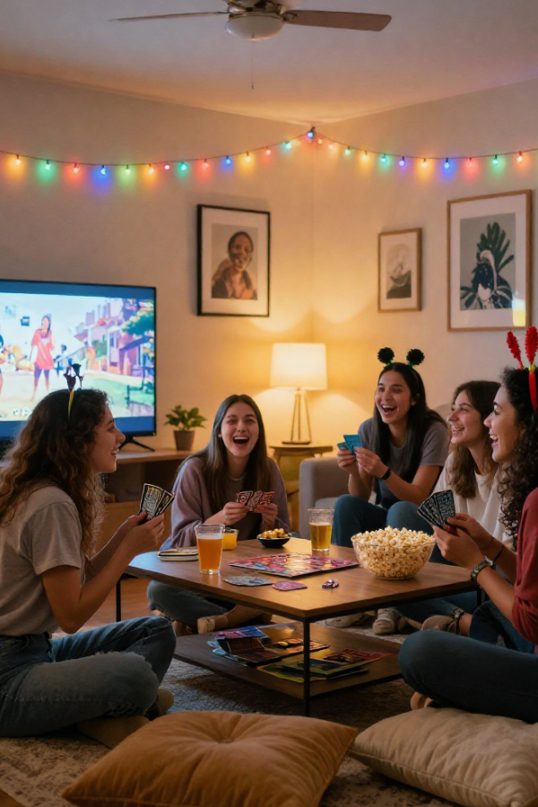 Friends watching a movie indoors with snacks, games, and colorful string lights.