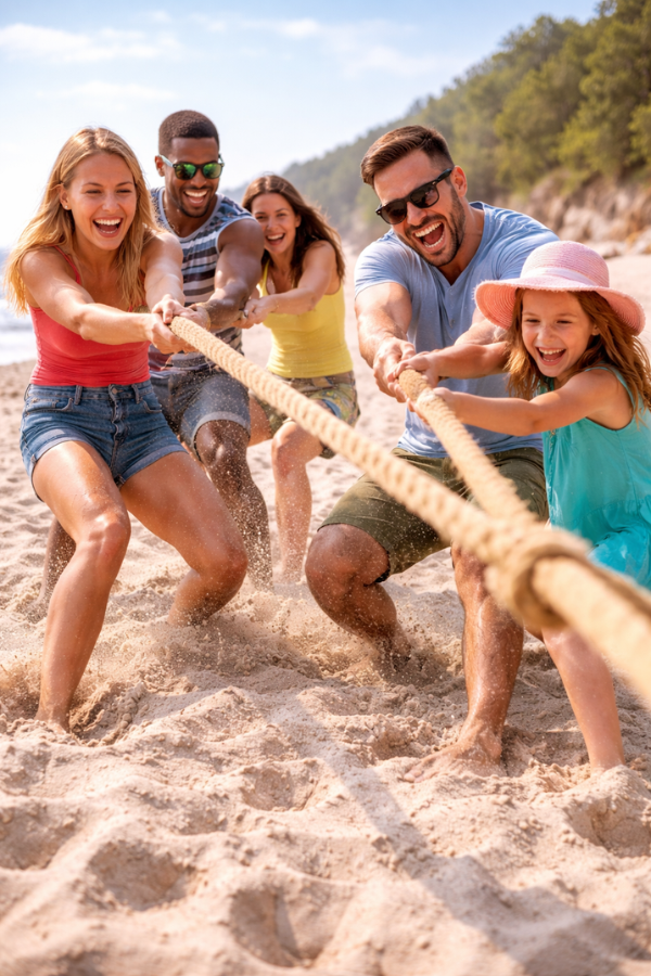 Group of friends playing tug of war on the beach, pulling a rope and laughing in the sand.