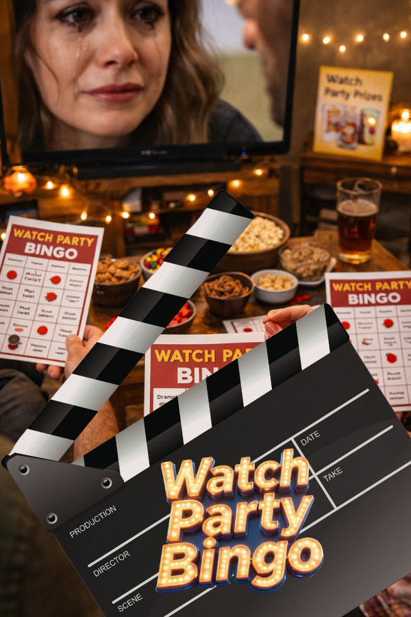 Watch party bingo game setup with snacks and cozy seating