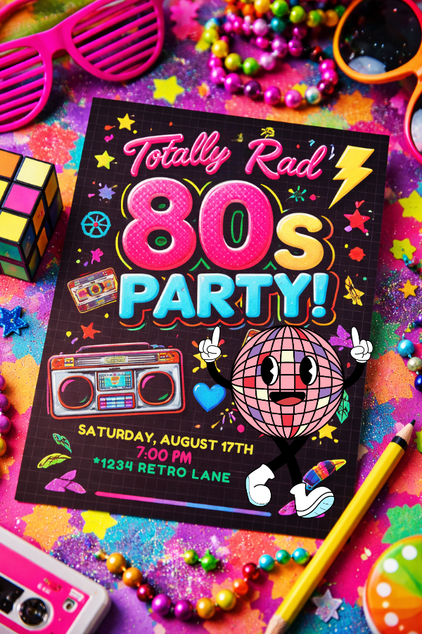 Colorful 80s party invitation with neon graphics, cassette tapes, sunglasses, and retro accessories.