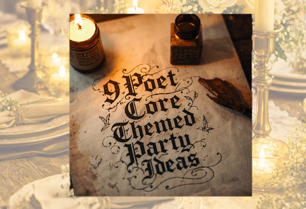 9 poet core themed party ideas written in gothic calligraphy on vintage parchment with candlelight and quill