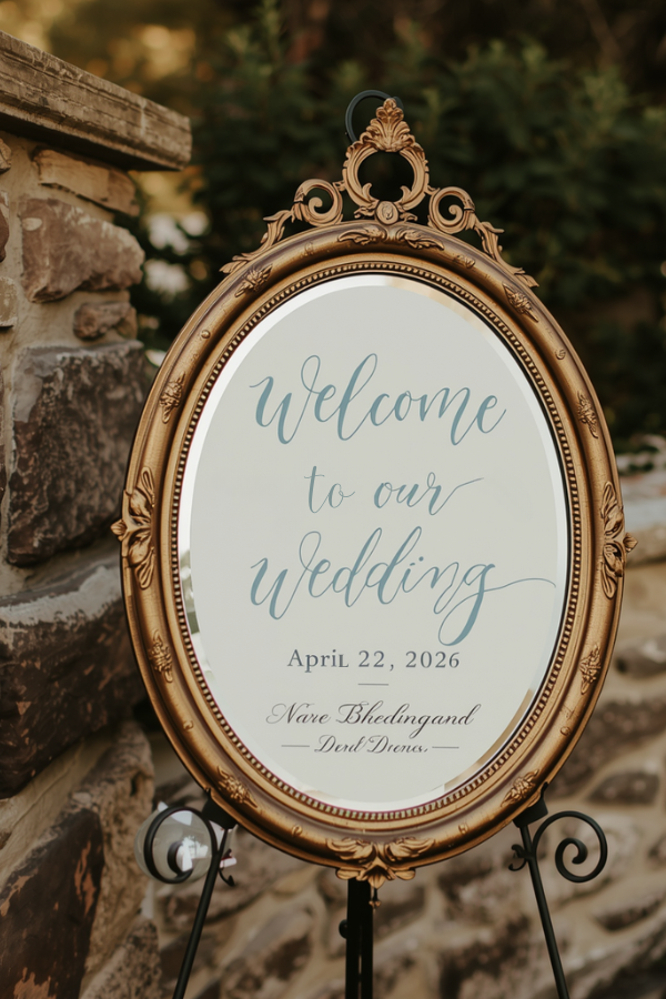 Ornate gold-framed wedding welcome sign on an easel beside a stone wall outdoors.